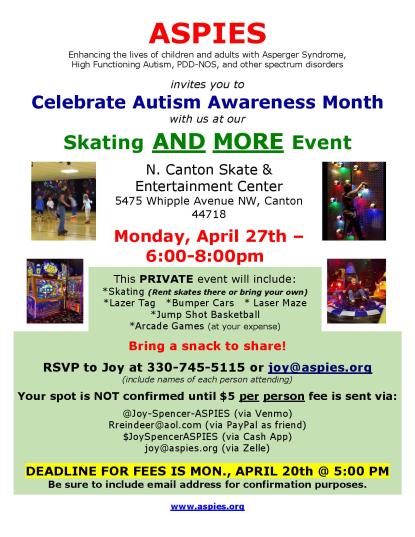 red, blue green black yellow text with ASPIES in large red letters at the top. photos of roller skating, bumper cars