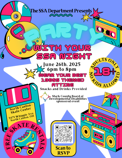 purple with pink green yellow graphics of 80s icons, text Party With Your SSA