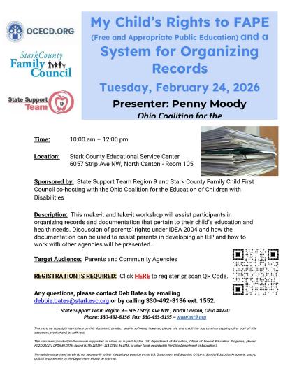 flyer with picture of stacked papers, logos for Stark County Family Council and SST9