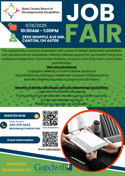 blue, green white flyer with two QR codes to register, photo of a resume