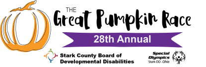 orange pumpkin, purple banner with 28th Annual in white and name Great Pumpkin Race in black along with logos for Stark DD and Special Olympics