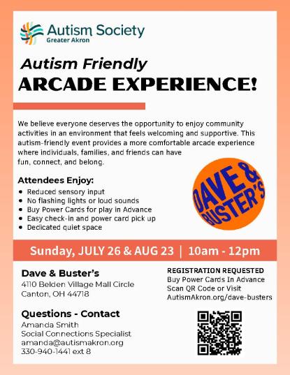autism society logo and Dave & Busters logo with text about sensory gaming day and the QR code to sign up