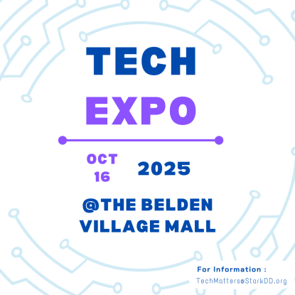 blue and purple Tech Expo words in circle frame with blue lettered location