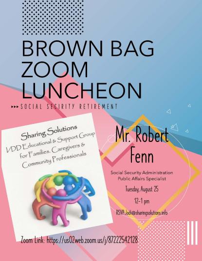 blue, pink background with people icon graphic group, black text about Social Security Virtual Meeting with date, time and zoom link