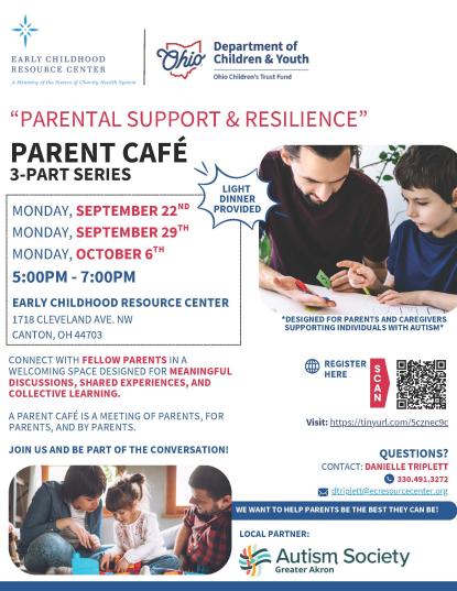 flyer with photos of parents and children, text with dates and QR code