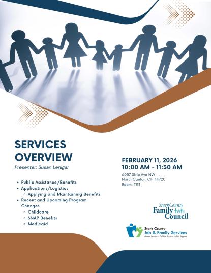 dark blue and brown graphic of icon people holding hands with text Services Overview, date time and location of presentation
