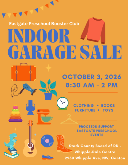 tan with blue Garage Sale, date time and location. graphics of household items, toys and furniture