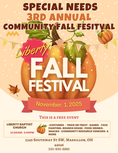 pumpkin with leaves, event title in white, text with date, time