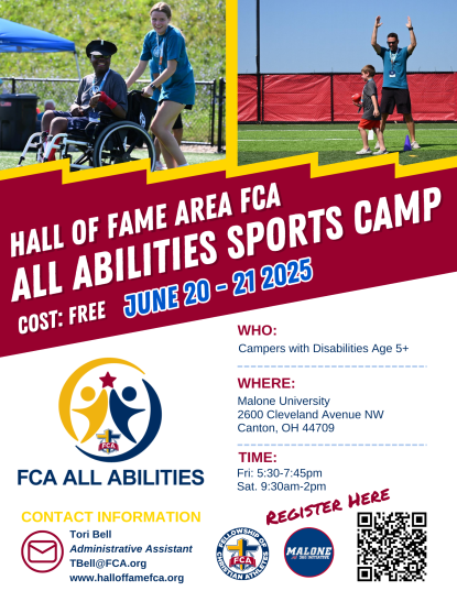 red, white blue flyer with children playing sports, date of camp