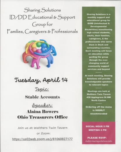 graphic for people icon in group with text for event date, location and topic. Green sidebar with white text describes Sharing solutions group. Pink sidebar with white text is RSVP email.