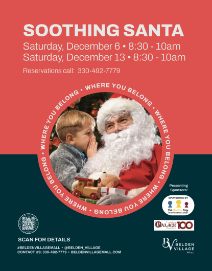 red, black background with photo of young boy whispering to Santa, QR code for information