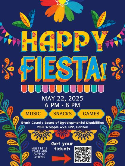 brightly colored flyer with Happy Fiesta date and activities listed