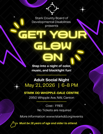 black background with, purple, white and yellow text, stars and neon shapes