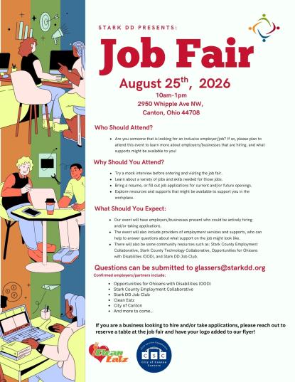 graphics of people sitting at computer talking with red headline Job Fair, with dates times and location