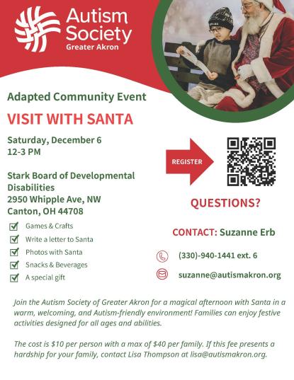 photo of child with Santa reading a list, QR code to register