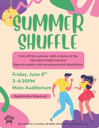 muted pastel flyer with Summer Shuffle title, clipart of two people dancing, date, time location