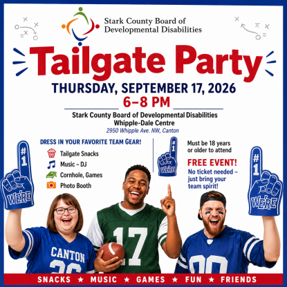 red letters Tailgate Party with three adults dressed in sports gear and holding foam number 1 fingers and a football; blue and black text includes date, time, address and activities for the night