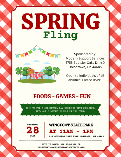 white background with red/white checkerboard border. graphic of trees, picnic table with food. Reg Green and black text tell event Spring Fling, location, date, time and how to RSVP to attend